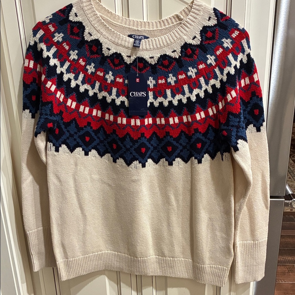 Chaps Women's Sweater with Cream, Red, and Blue Patterns